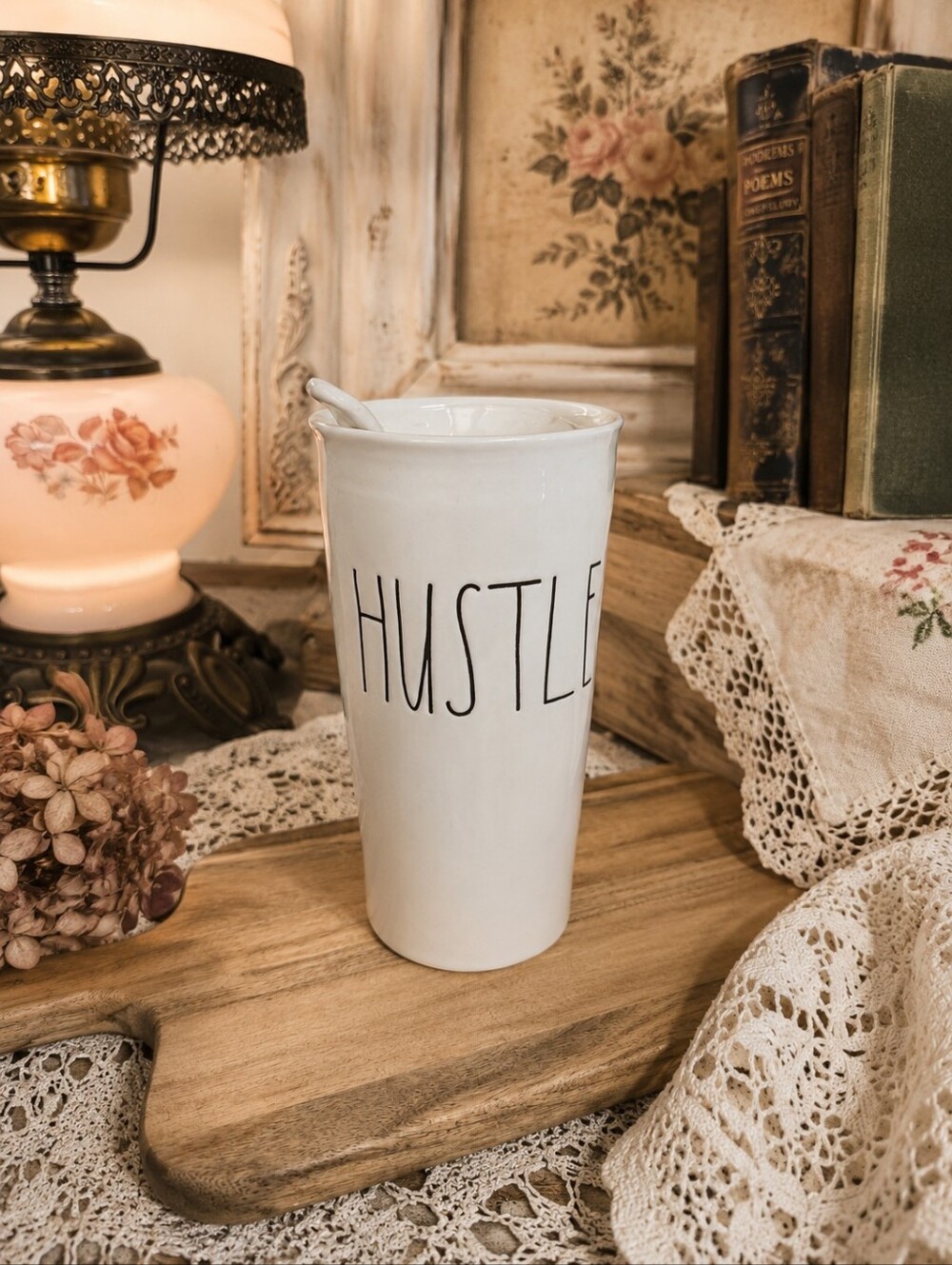 Rae Dunn HUSTLE Ceramic Travel Mug Tumbler with Lid - Artisan Collection
